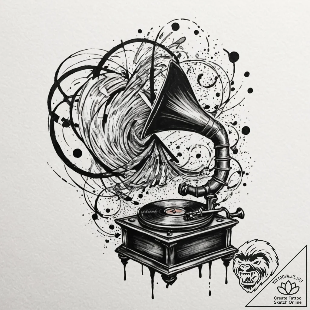 Decaying gramophone playing a silent tune, ta... - tattoo sketch (№1752326291_0, 12.07.2025 13:18) — tattoovalue.net