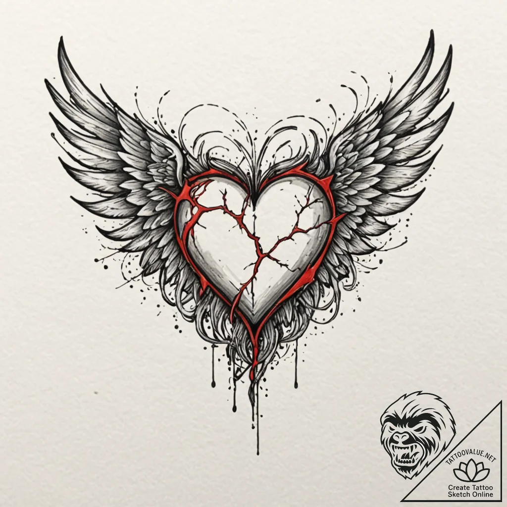 A detailed broken heart with wings, freedom f... - tattoo sketch (№1752326376_0, 12.07.2025 13:19) — tattoovalue.net