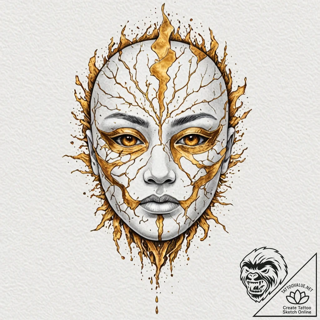 Kintsugi mask with golden cracks, tattoo flas... - tattoo sketch (№1752327205_0, 12.07.2025 13:33) — tattoovalue.net