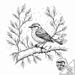 A whimsical bird on a branch with snow fallin… – tattoo sketch (№1752327373_0, 12.07.2025 13:36) — tattoovalue.net