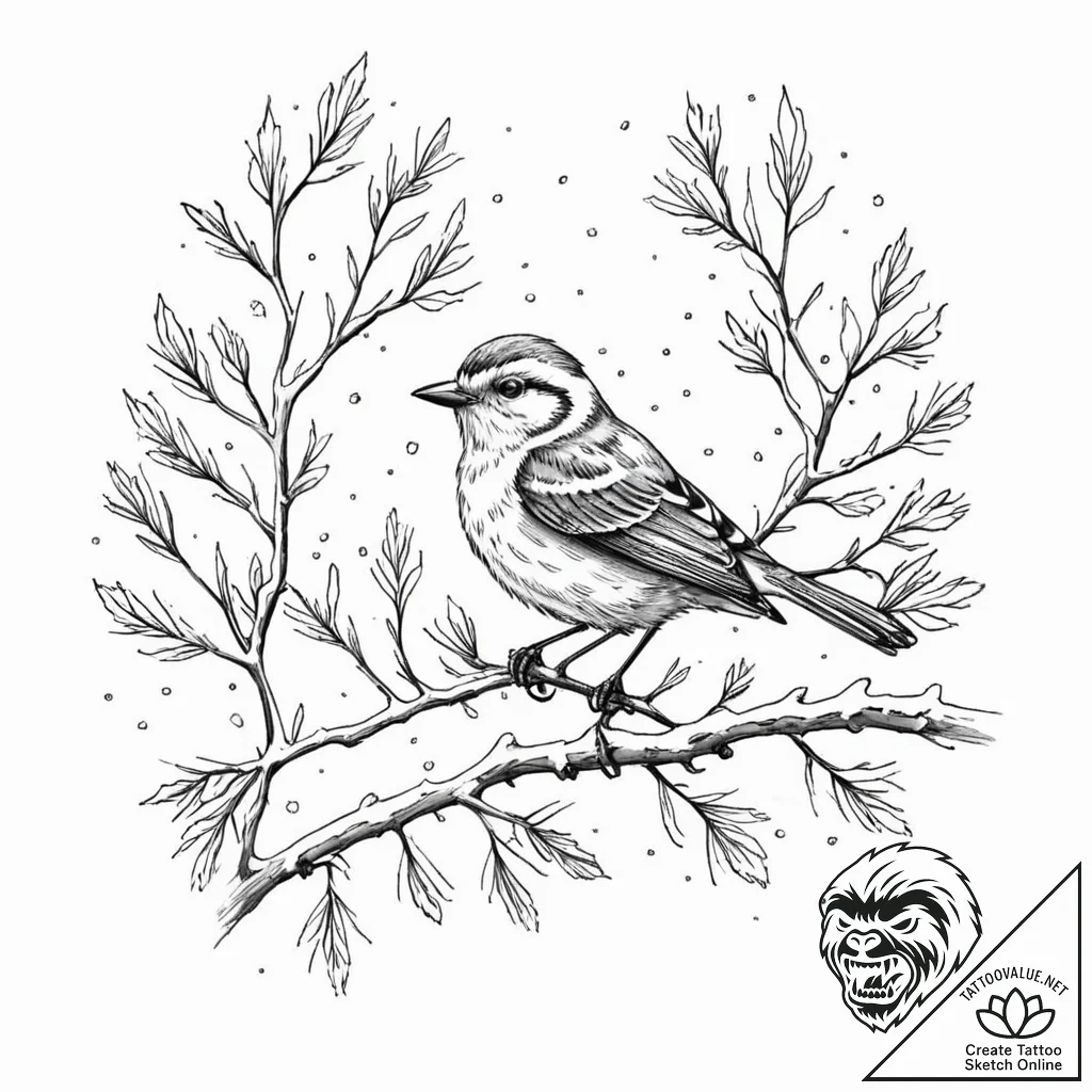 A whimsical bird on a branch with snow fallin... - tattoo sketch (№1752327373_0, 12.07.2025 13:36) — tattoovalue.net