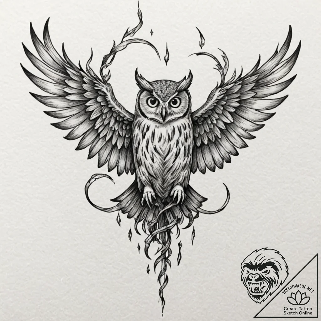 Owl wings devouring celestial flame, tattoo f... - tattoo sketch (№1752327710_0, 12.07.2025 13:41) — tattoovalue.net