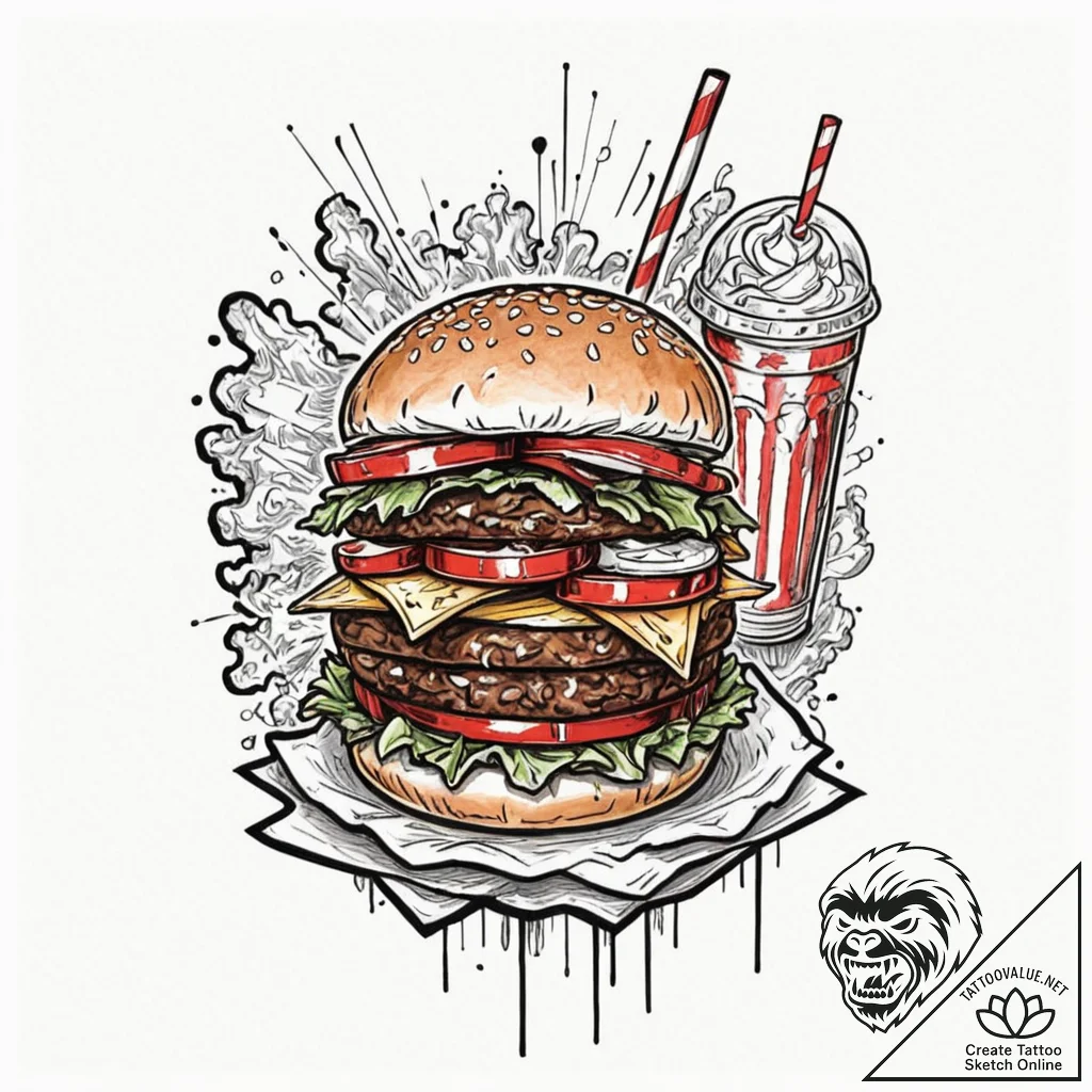 A quirky burger with fries and a milkshake, m... - tattoo sketch (№1752327794_0, 12.07.2025 13:43) — tattoovalue.net