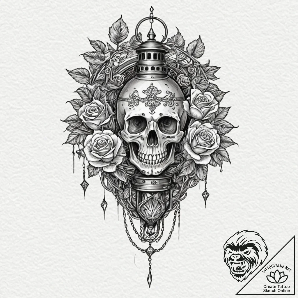 Lantern chained to spectral tree, ink illustr... - tattoo sketch (№1752328629_0, 12.07.2025 13:57) — tattoovalue.net