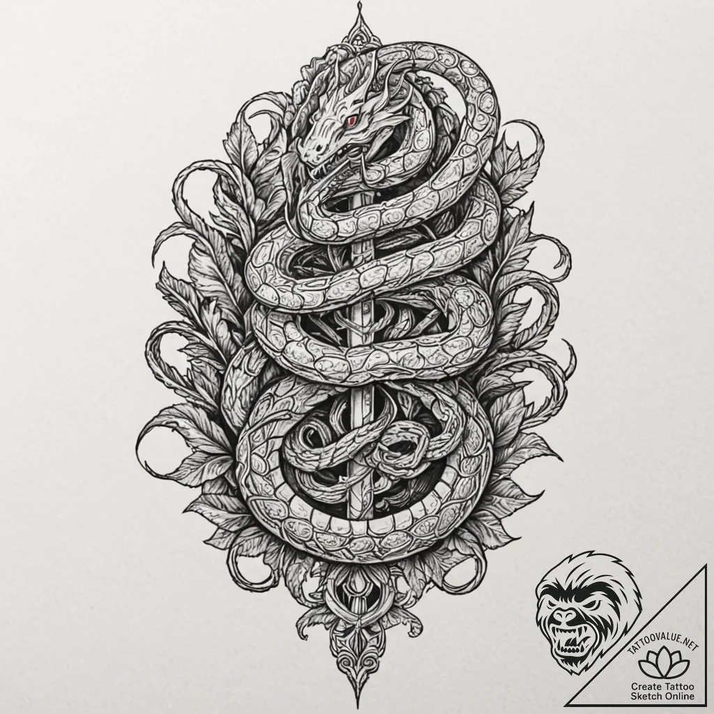 Arcane serpent wrapped around staff, tattoo d... - tattoo sketch (№1752328713_0, 12.07.2025 13:58) — tattoovalue.net