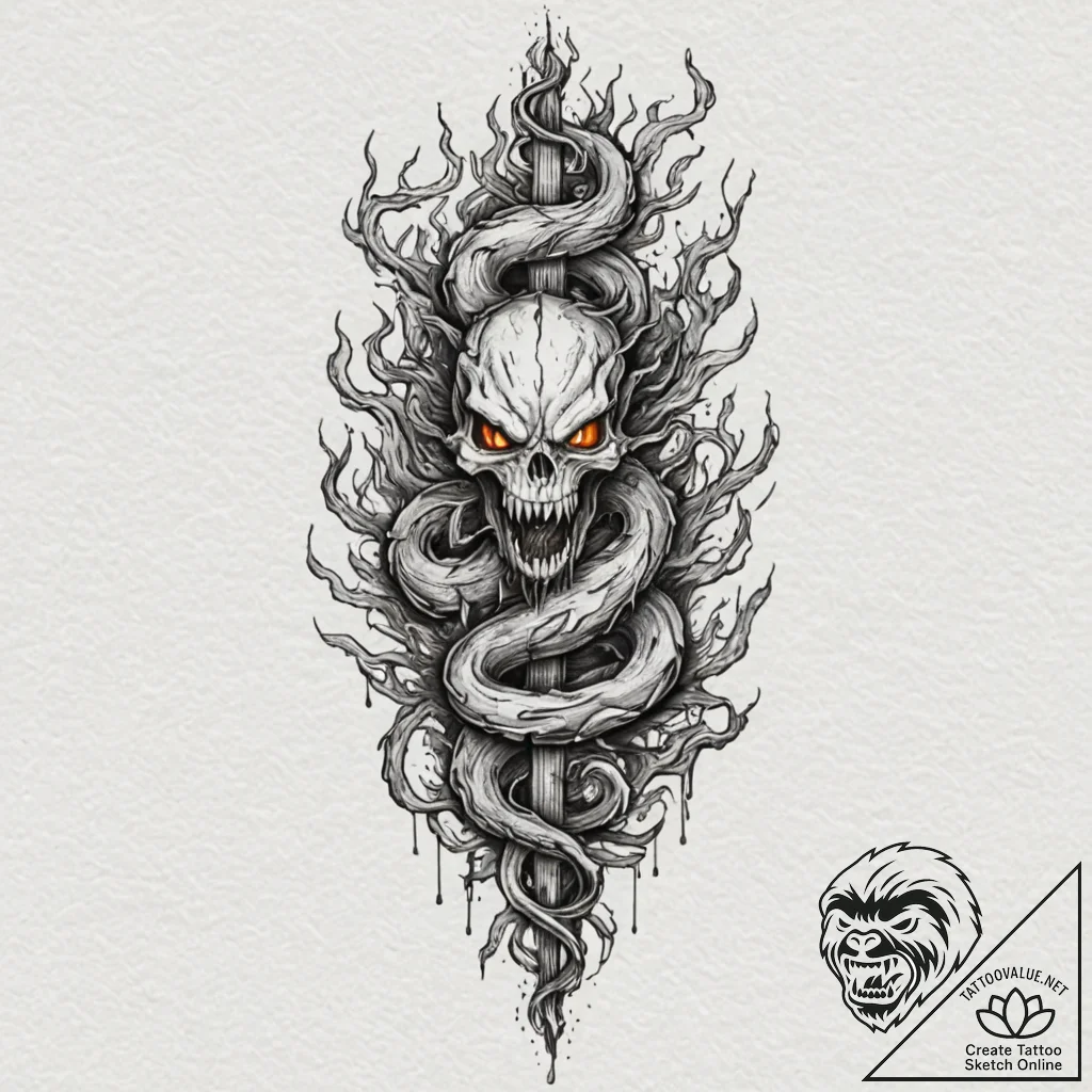Flaming serpent devouring roots, tattoo sketc... - tattoo sketch (№1752329132_0, 12.07.2025 14:05) — tattoovalue.net