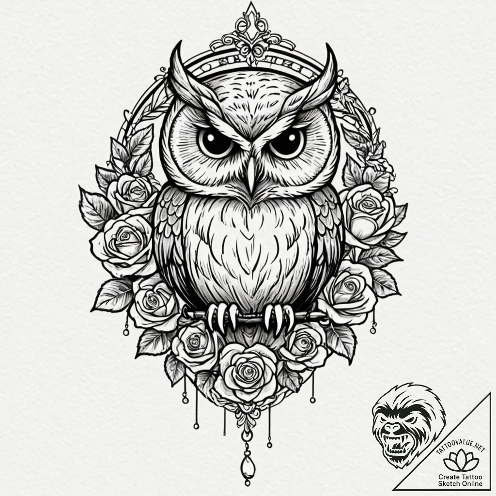 Owl pendant hanging from chain, tattoo drawin... - tattoo sketch (№1752329551_0, 12.07.2025 14:12) — tattoovalue.net