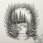 Garden gate, slightly ajar, with an enchanted… – tattoo sketch (№1752329969_0, 12.07.2025 14:19) — tattoovalue.net