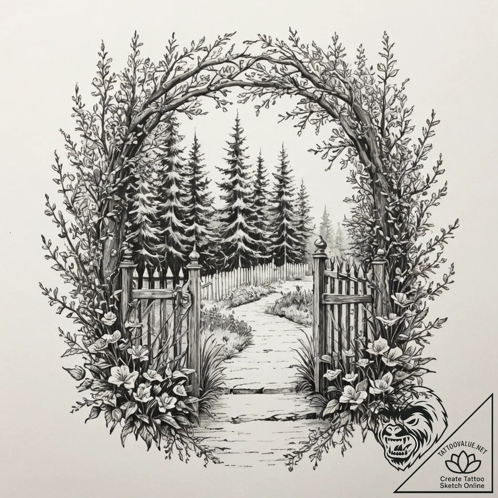 Garden gate, slightly ajar, with an enchanted... - tattoo sketch (№1752329969_0, 12.07.2025 14:19) — tattoovalue.net