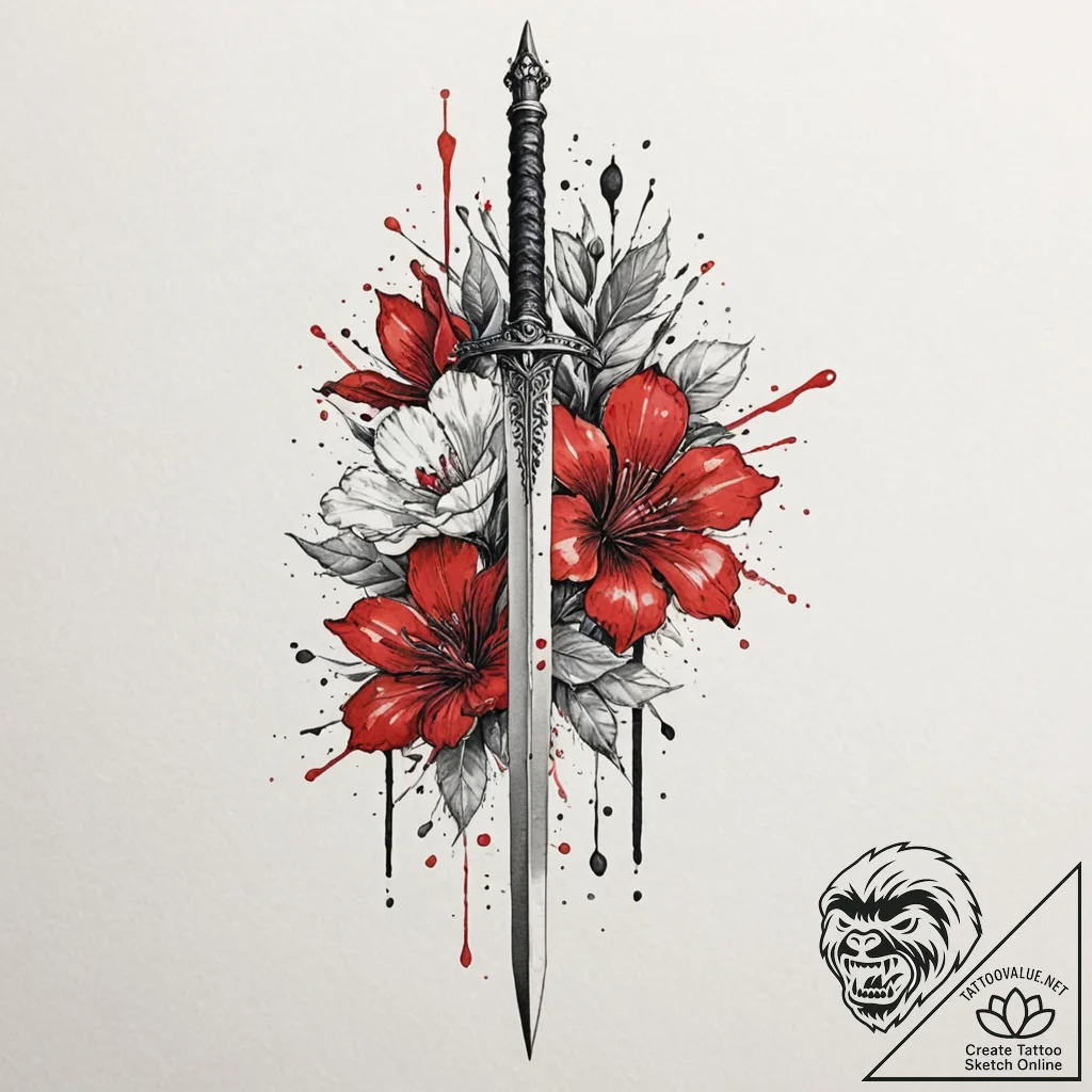 Dagger in crimson bloom, artistic tattoo sket... - tattoo sketch (№1752330471_0, 12.07.2025 14:27) — tattoovalue.net