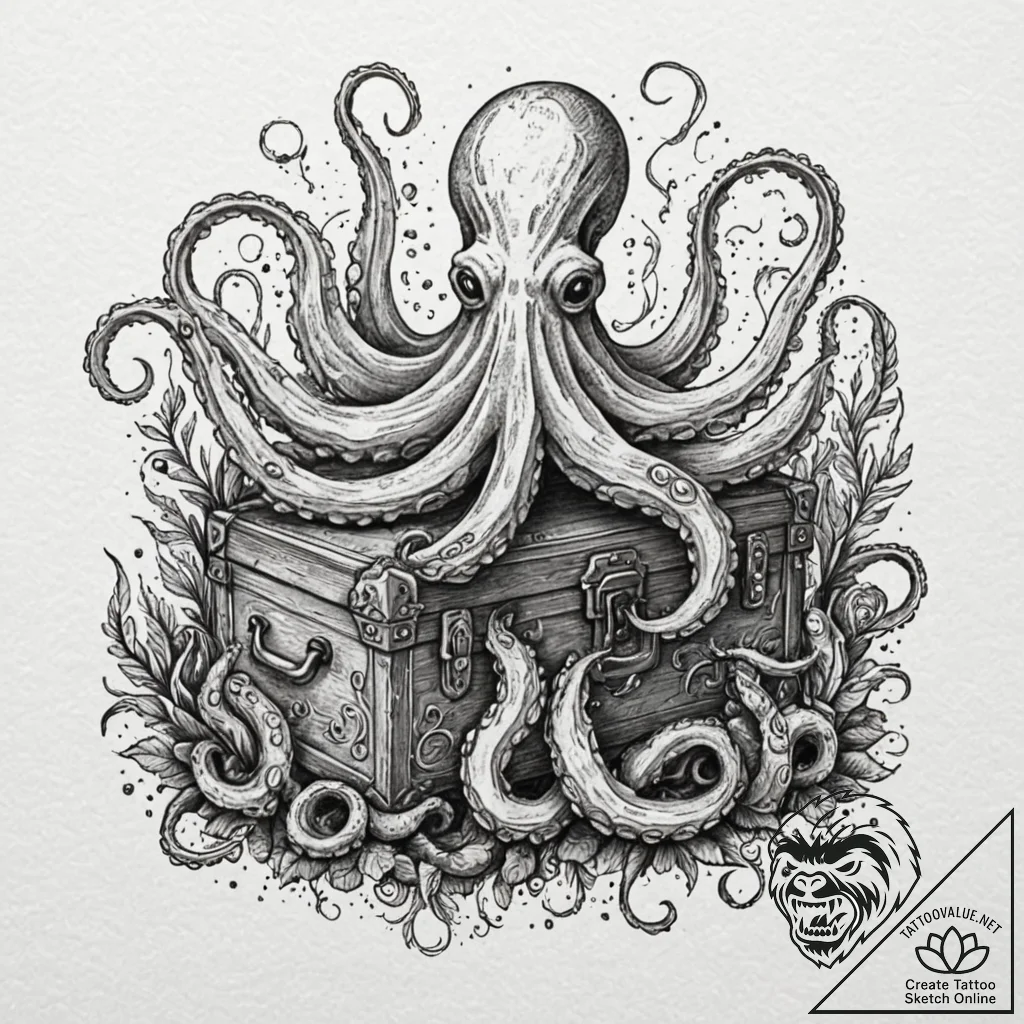 Sunken treasure chest guarded by an octopus,... - tattoo sketch (№1752330721_0, 12.07.2025 14:32) — tattoovalue.net