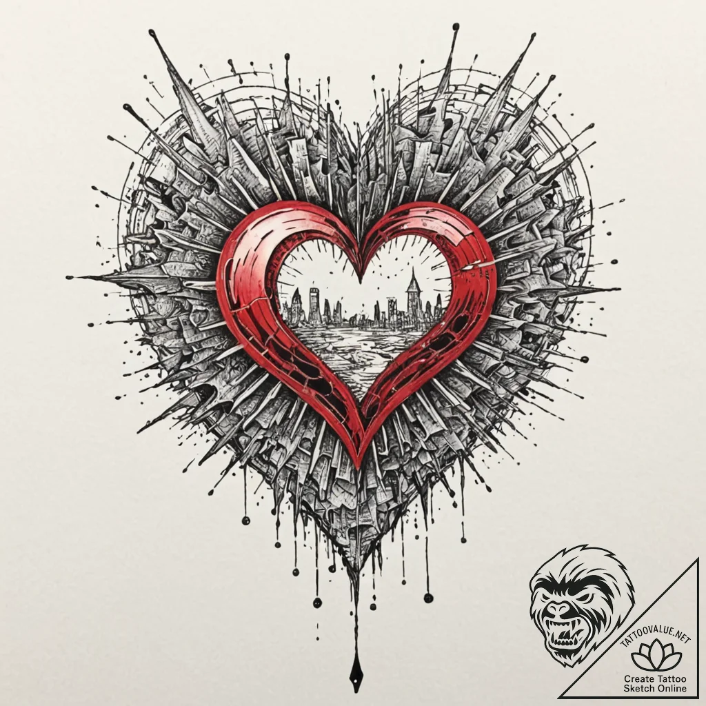 Glass heart being shattered by a sound wave,... - tattoo sketch (№1752331391_0, 12.07.2025 14:43) — tattoovalue.net