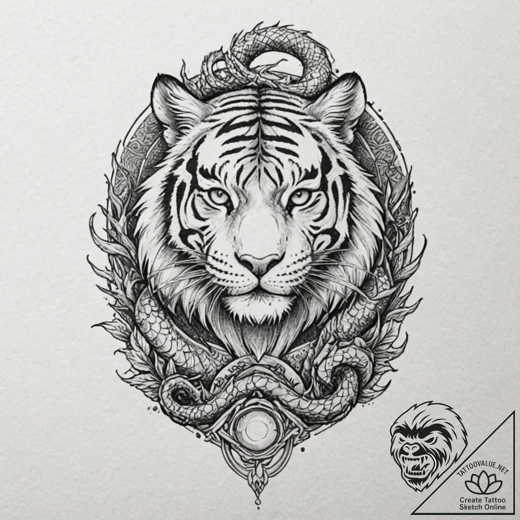 Tiger and dragon, tattoo drawing outline, on... - tattoo sketch (№1752332150_0, 12.07.2025 14:55) — tattoovalue.net