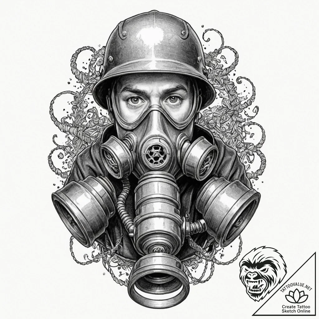 Gas mask connected to a pair of rusted, indus... - tattoo sketch (№1752332484_0, 12.07.2025 15:01) — tattoovalue.net