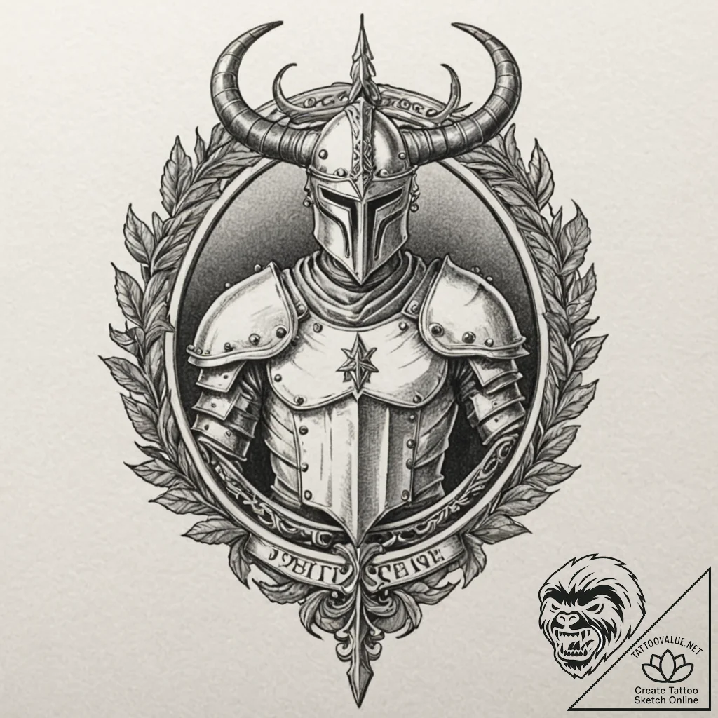 Teutonic knight with a greathelm and horned c... - tattoo sketch (№1752332650_0, 12.07.2025 15:04) — tattoovalue.net