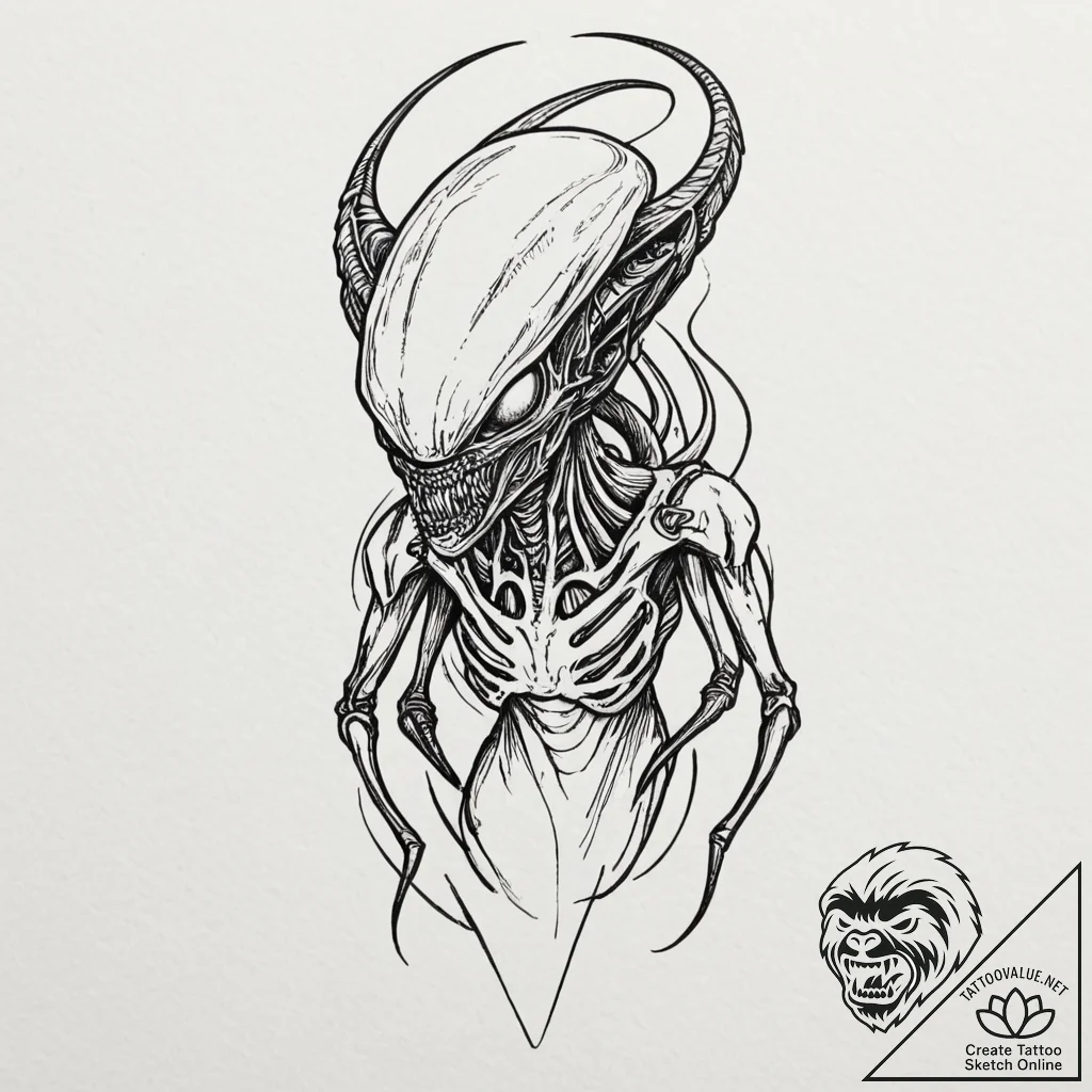 A xenomorph from alien, artistic tattoo sketc... - tattoo sketch (№1752333404_0, 12.07.2025 15:16) — tattoovalue.net