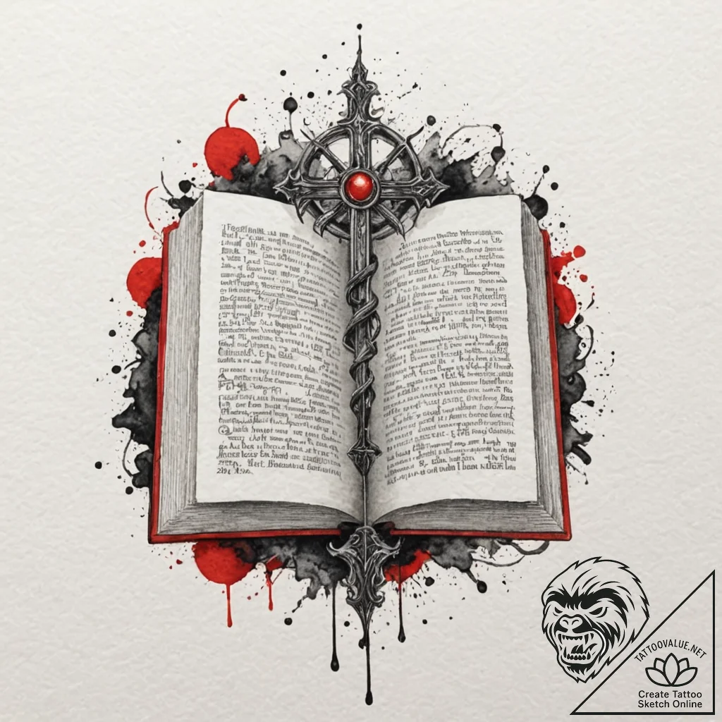 An ancient grimoire open on a lectern, pages... - tattoo sketch (№1752333572_0, 12.07.2025 15:19) — tattoovalue.net