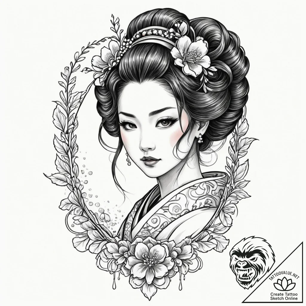 Geisha, tattoo flash sheet design, neo tradit... - tattoo sketch (№1752333910_0, 12.07.2025 15:25) — tattoovalue.net
