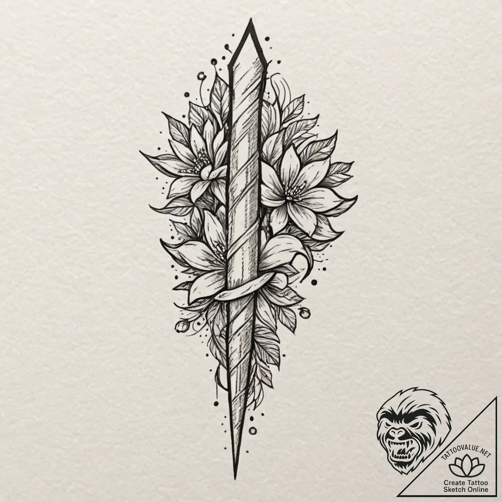 Glyph-etched dagger beneath celestial bloom,... - tattoo sketch (№1752334333_0, 12.07.2025 15:32) — tattoovalue.net