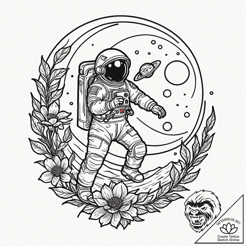 Astronaut discovering a flower on a barren mo... - tattoo sketch (№1752334418_0, 12.07.2025 15:33) — tattoovalue.net