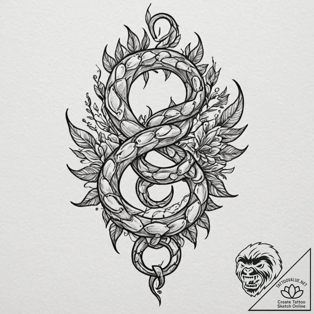 Iron serpent circling celestial bloom, tattoo... - tattoo sketch (№1752335220_0, 12.07.2025 15:47) — tattoovalue.net