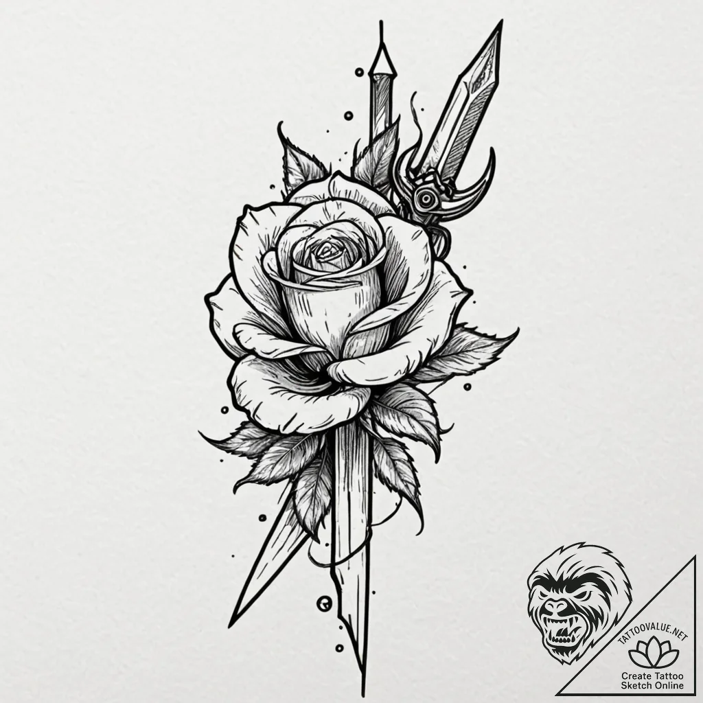 Dagger pierced through rose, tattoo line art,... - tattoo sketch (№1752335735_0, 12.07.2025 15:55) — tattoovalue.net