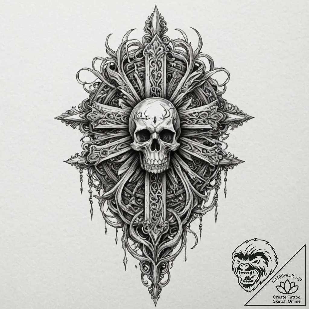 Hallowed blade crowned with bone, tattoo sket... - tattoo sketch (№1752335906_0, 12.07.2025 15:58) — tattoovalue.net