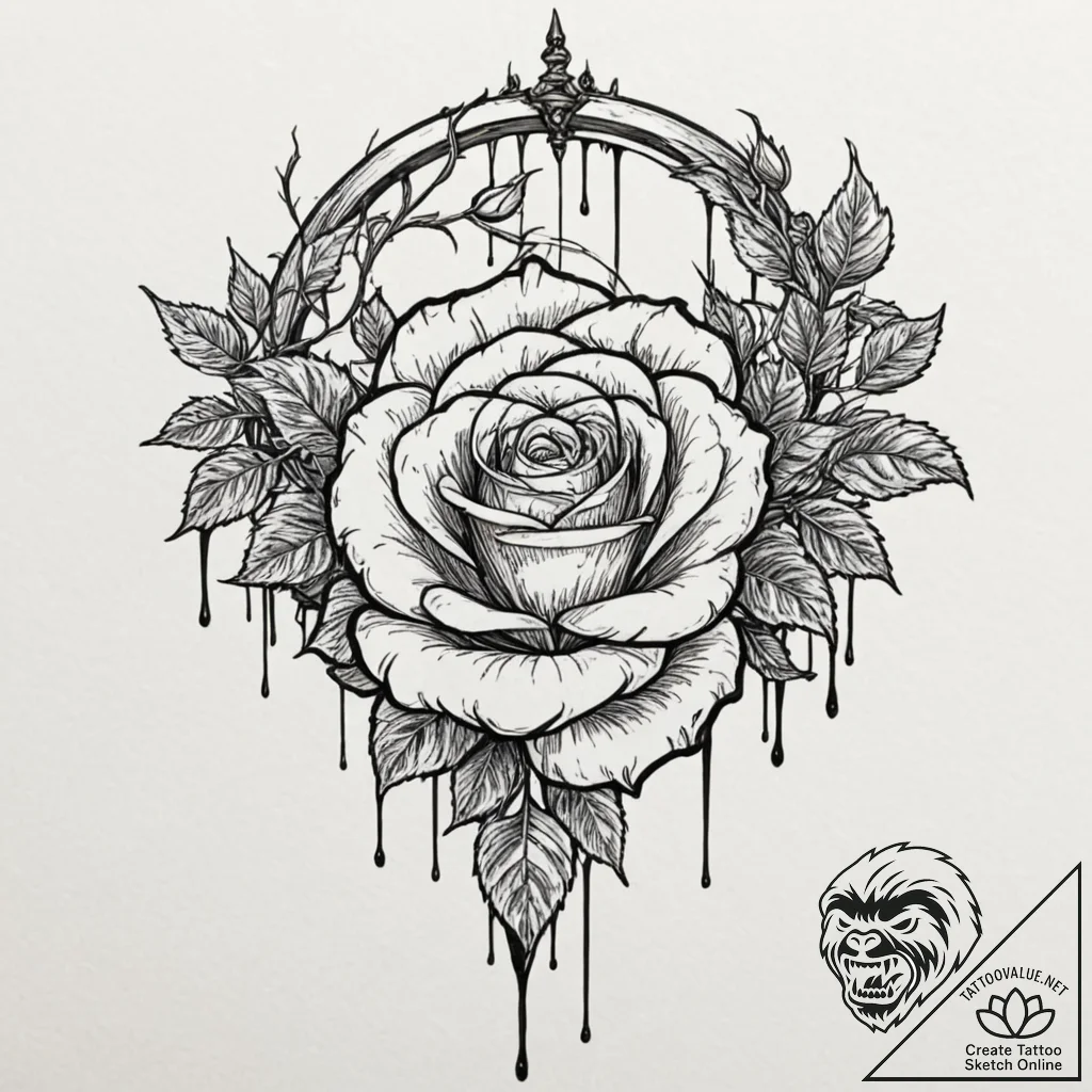 Harrowed rose beneath bone gate, ink illustra... - tattoo sketch (№1752335991_0, 12.07.2025 15:59) — tattoovalue.net