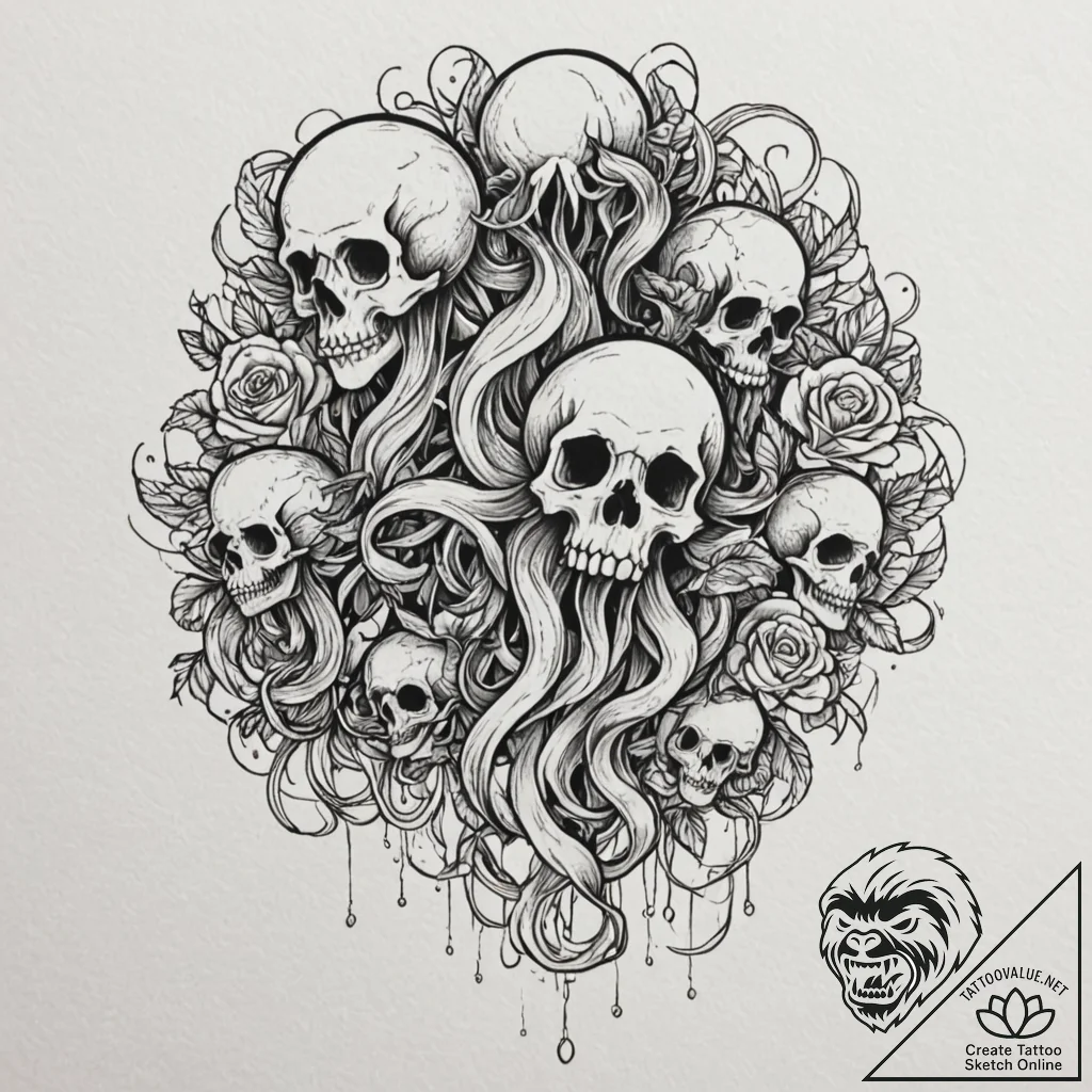 Gorgon jellyfish, tattoo flash sheet design,... - tattoo sketch (№1752336247_0, 12.07.2025 16:04) — tattoovalue.net