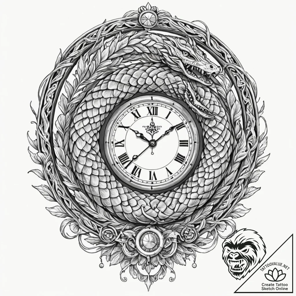 Ice serpent coiling through timepiece, concep... - tattoo sketch (№1752336759_0, 12.07.2025 16:12) — tattoovalue.net