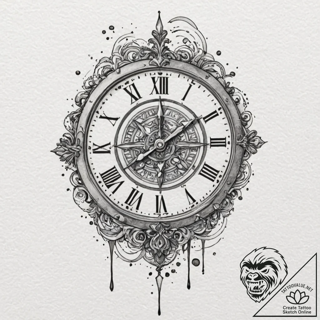 Clock face with spectral hands, concept art f... - tattoo sketch (№1752337186_0, 12.07.2025 16:19) — tattoovalue.net