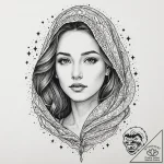 Goddess’s face, half hidden by a veil of star… – tattoo sketch (№1752337527_0, 12.07.2025 16:25) — tattoovalue.net