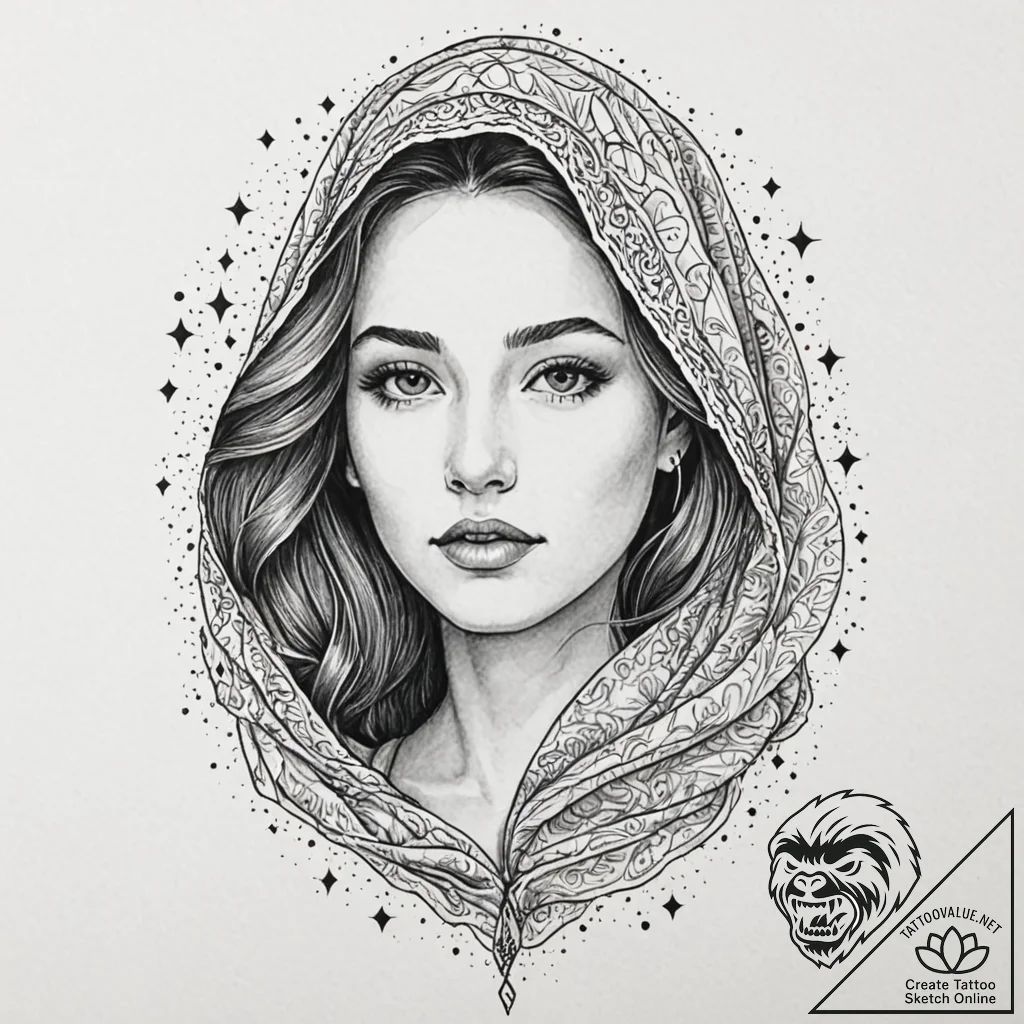 Goddess's face, half hidden by a veil of star... - tattoo sketch (№1752337527_0, 12.07.2025 16:25) — tattoovalue.net
