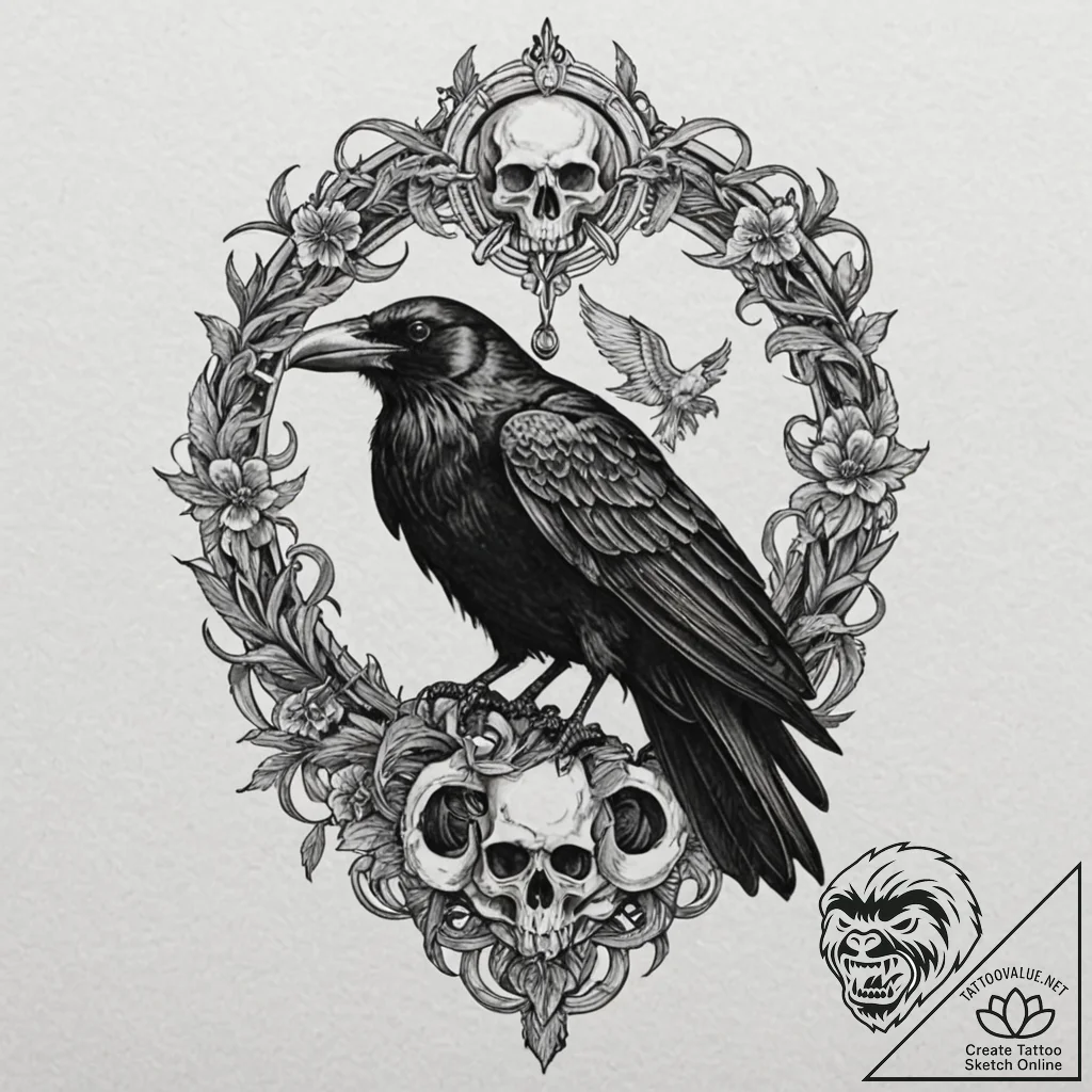 Art nouveau raven perched on skull, ink illus... - tattoo sketch (№1752337613_0, 12.07.2025 16:26) — tattoovalue.net