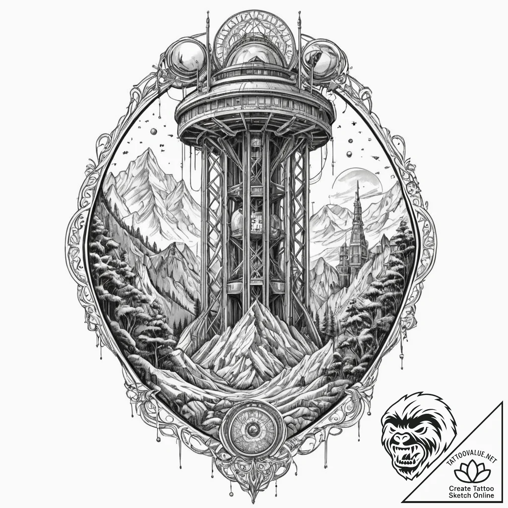 A space elevator, tattoo flash sheet design,... - tattoo sketch (№1752337784_0, 12.07.2025 16:29) — tattoovalue.net