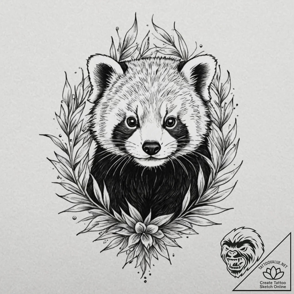 Red panda curled around a sprig of bamboo, ta... - tattoo sketch (№1752338465_0, 12.07.2025 16:41) — tattoovalue.net