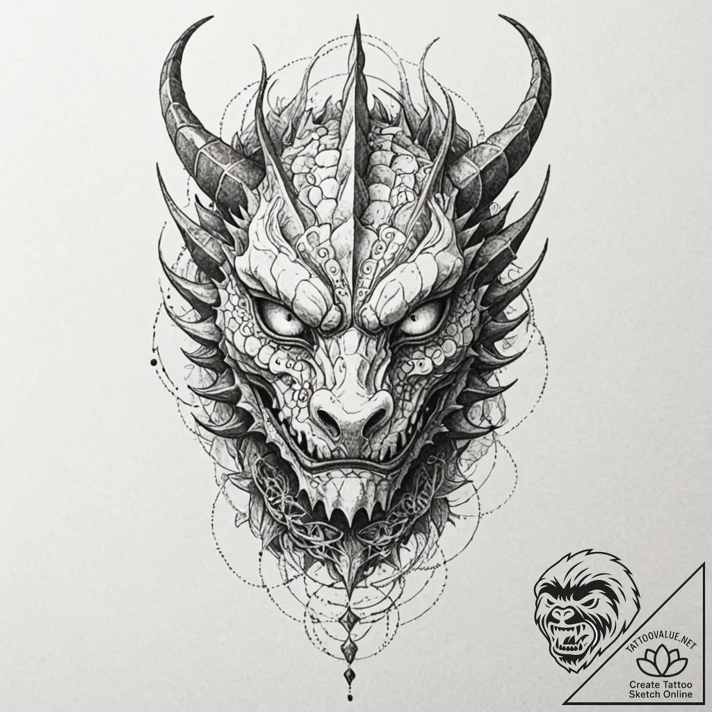 Dragon mask forged from iron, ink illustratio... - tattoo sketch (№1752338721_0, 12.07.2025 16:45) — tattoovalue.net