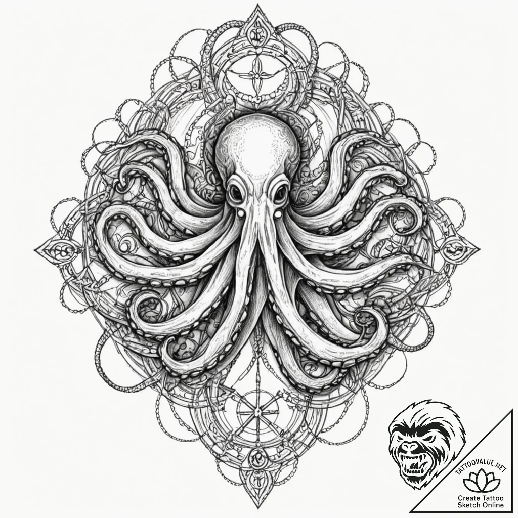 Octopus with each tentacle holding a differen... - tattoo sketch (№1752338806_0, 12.07.2025 16:46) — tattoovalue.net
