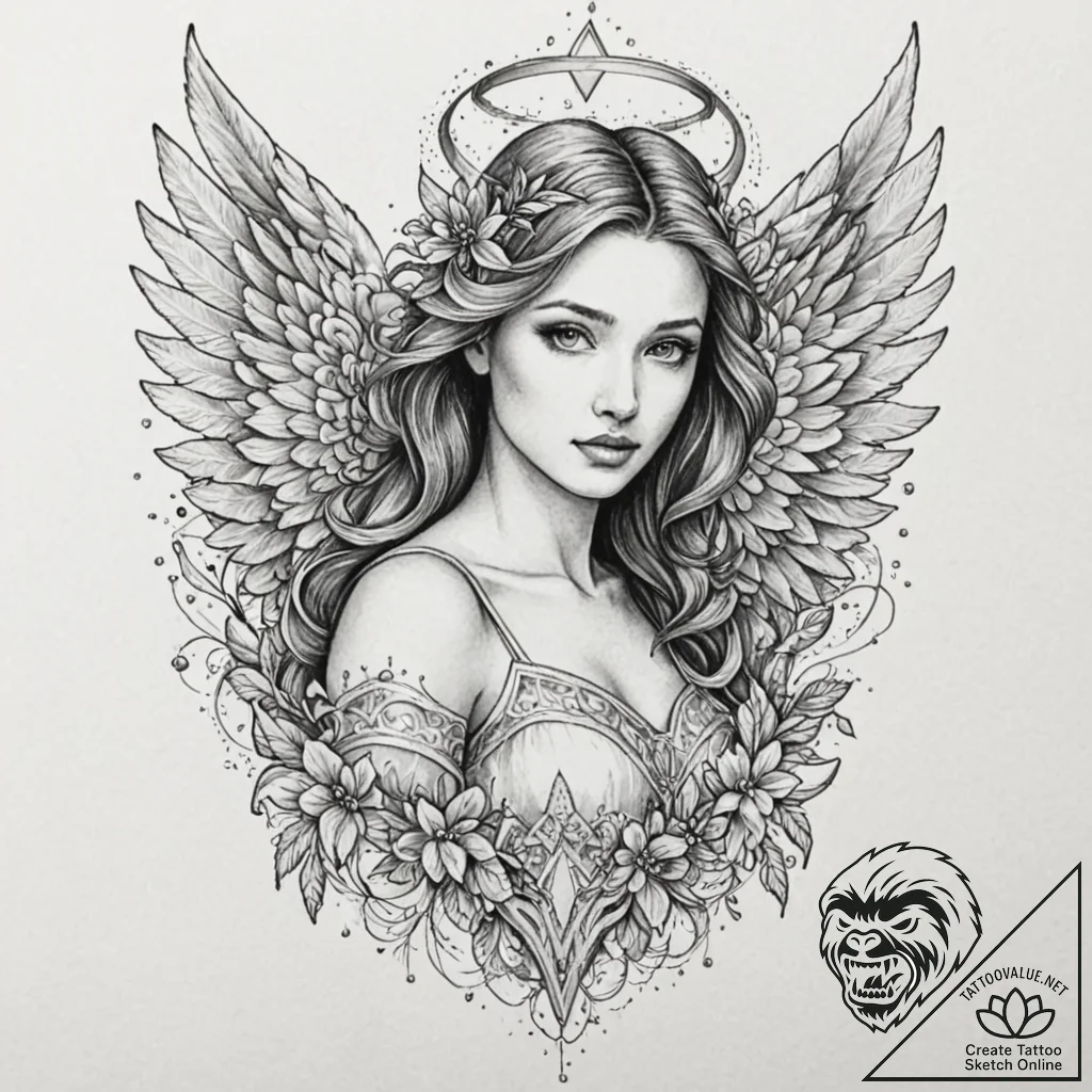 Angel, artistic tattoo sketch, highly detaile... - tattoo sketch (№1752339064_0, 12.07.2025 16:51) — tattoovalue.net