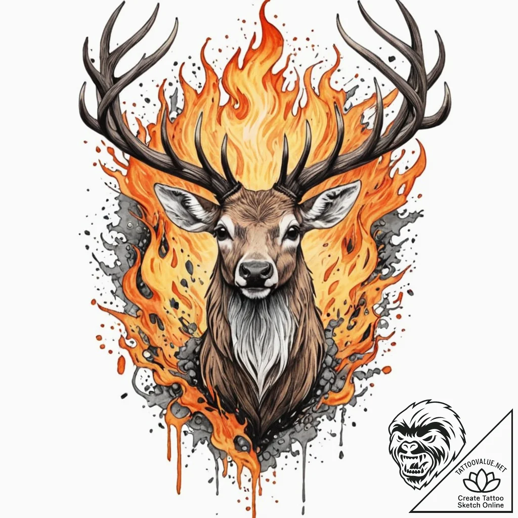 Apocalyptic stag wreathed in fire, tattoo fla... - tattoo sketch (№1752339575_0, 12.07.2025 16:59) — tattoovalue.net