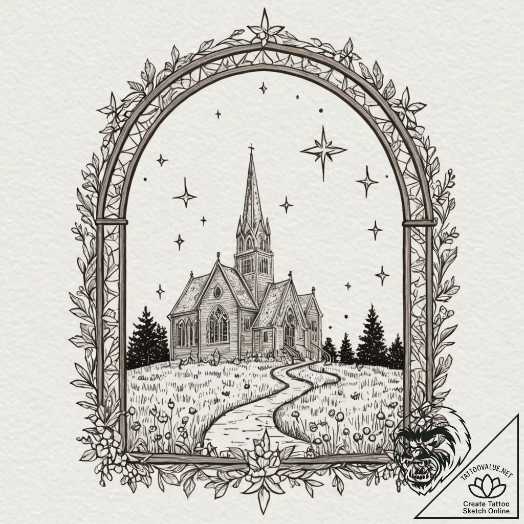 Arched cathedral window opening to a field of... - tattoo sketch (№1752339742_0, 12.07.2025 17:02) — tattoovalue.net