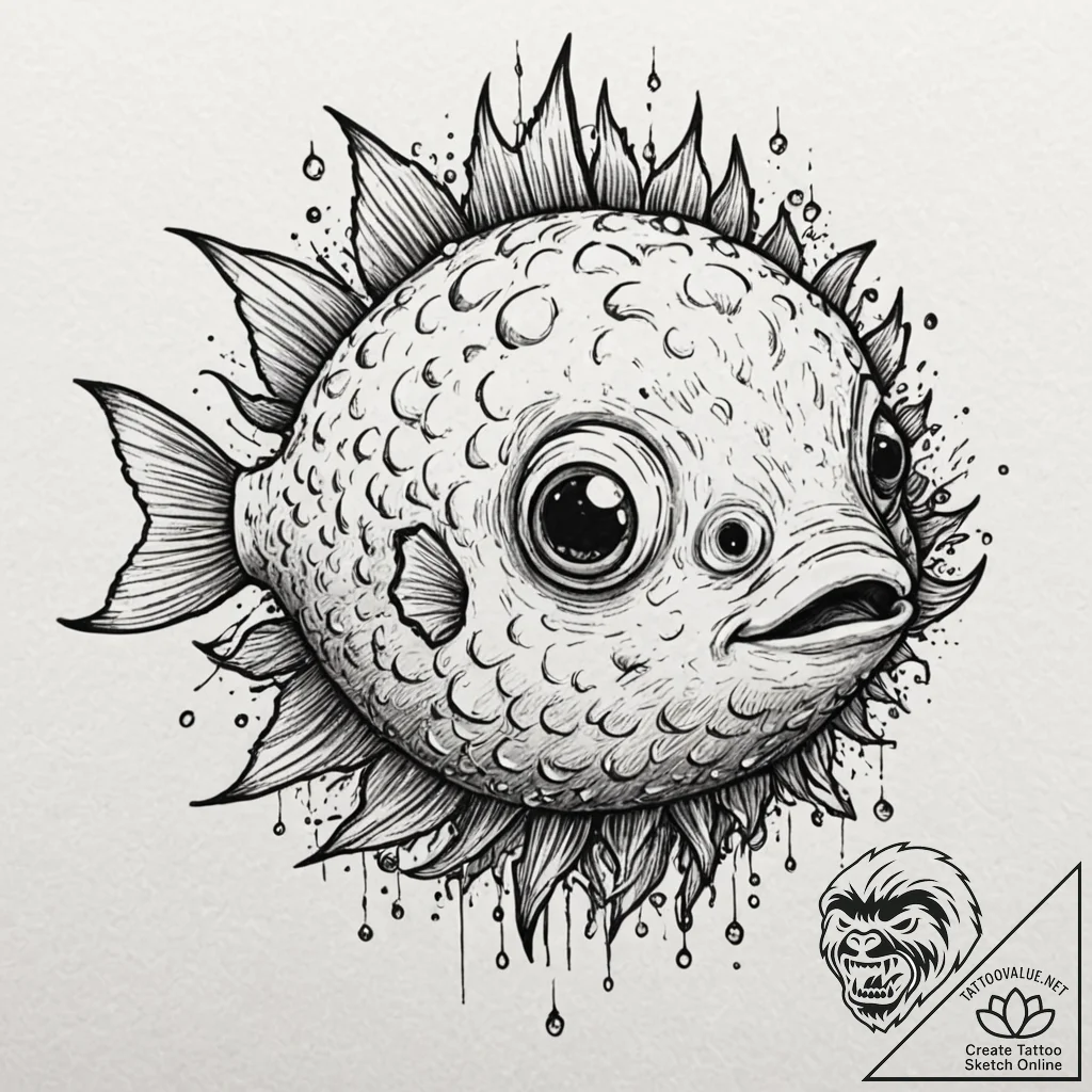 Pufferfish with crystalline spines, ink illus... - tattoo sketch (№1752339826_0, 12.07.2025 17:03) — tattoovalue.net