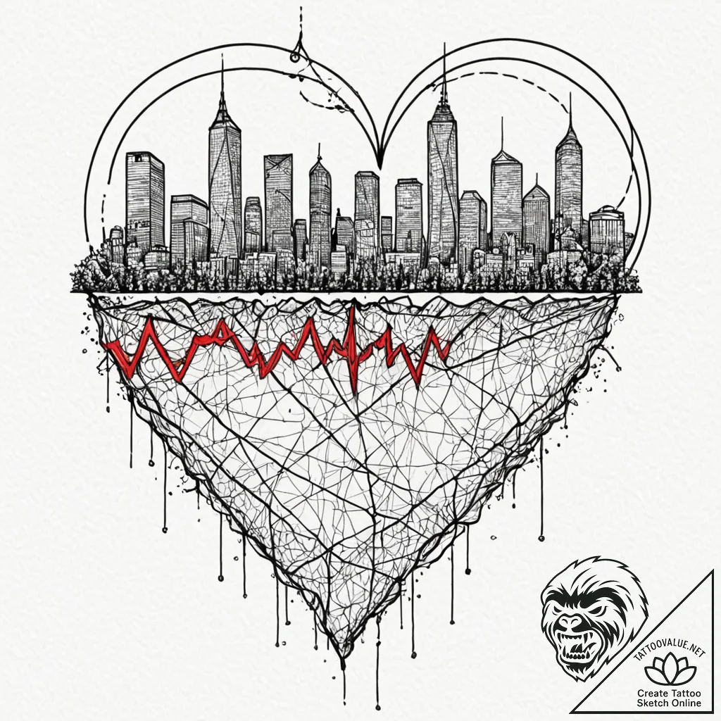 Heart monitor ekg line morphing into a city s... - tattoo sketch (№1752340330_0, 12.07.2025 17:12) — tattoovalue.net