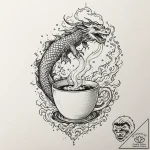 Coffee cup with steam rising to form a ghost,… – tattoo sketch (№1752340498_0, 12.07.2025 17:14) — tattoovalue.net
