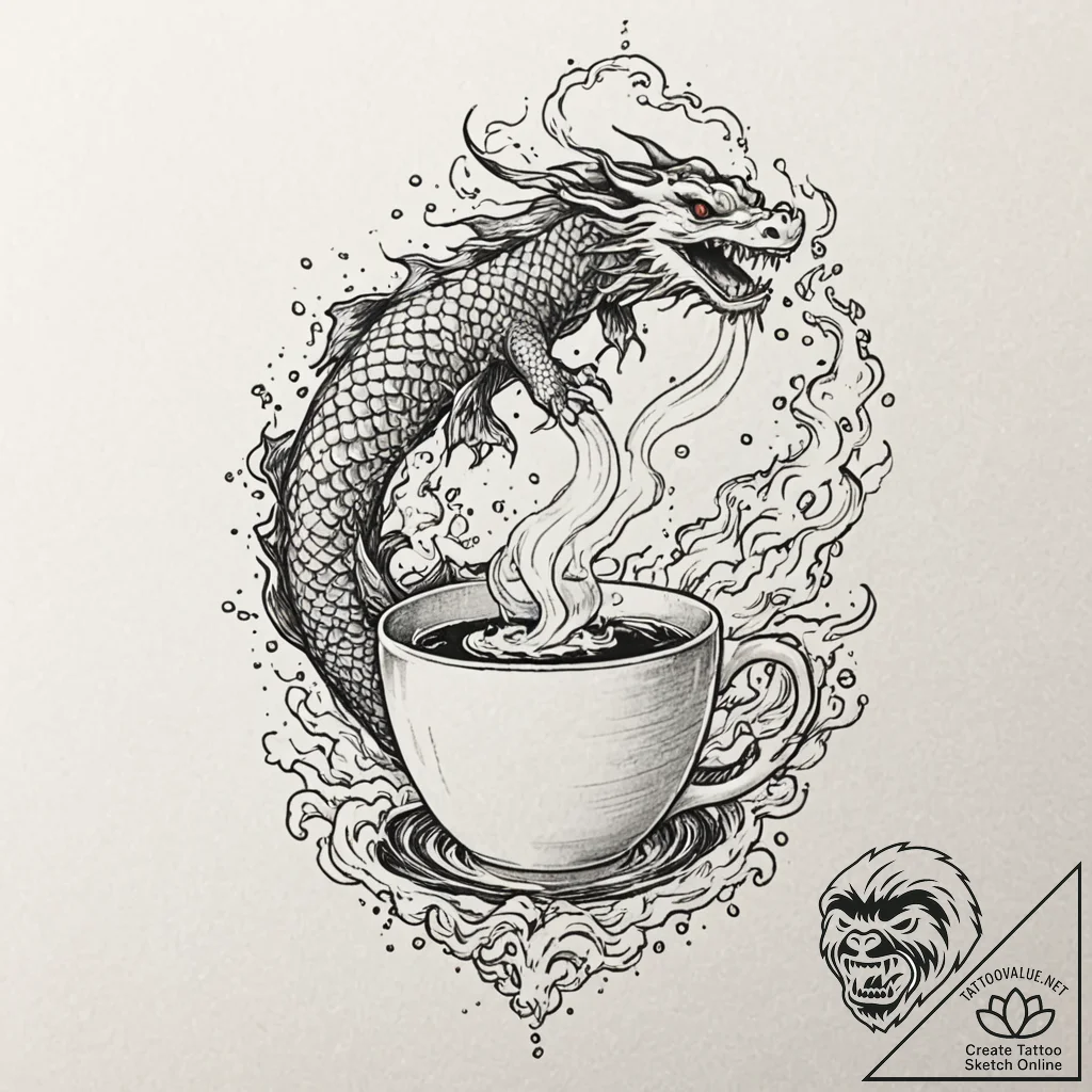 Coffee cup with steam rising to form a ghost,... - tattoo sketch (№1752340498_0, 12.07.2025 17:14) — tattoovalue.net