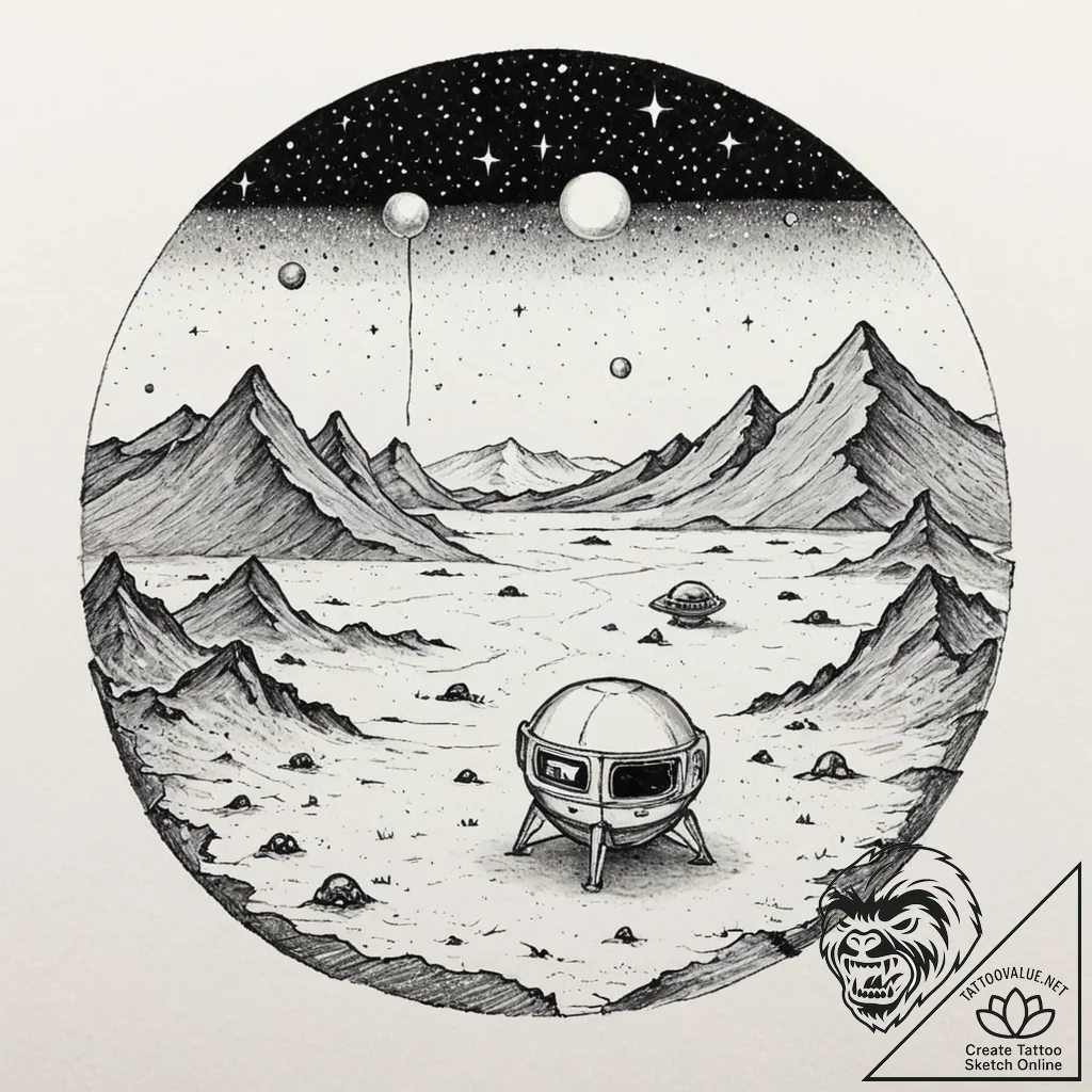 Tattoo sketch, isolated ai outpost, a sleek,... - tattoo sketch (№1752341416_0, 12.07.2025 17:30) — tattoovalue.net