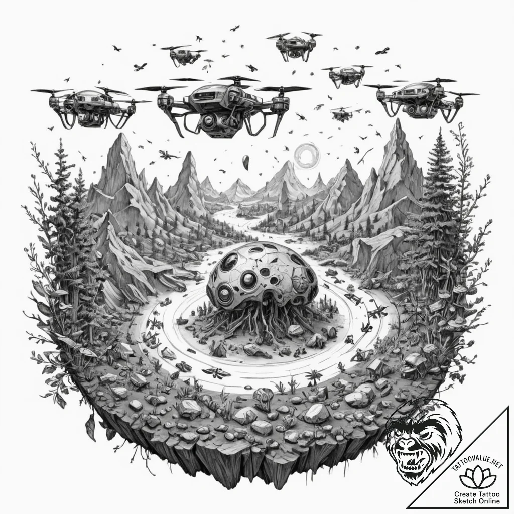 Tattoo sketch, terraforming drone swarm, a dy... - tattoo sketch (№1752342594_0, 12.07.2025 17:49) — tattoovalue.net