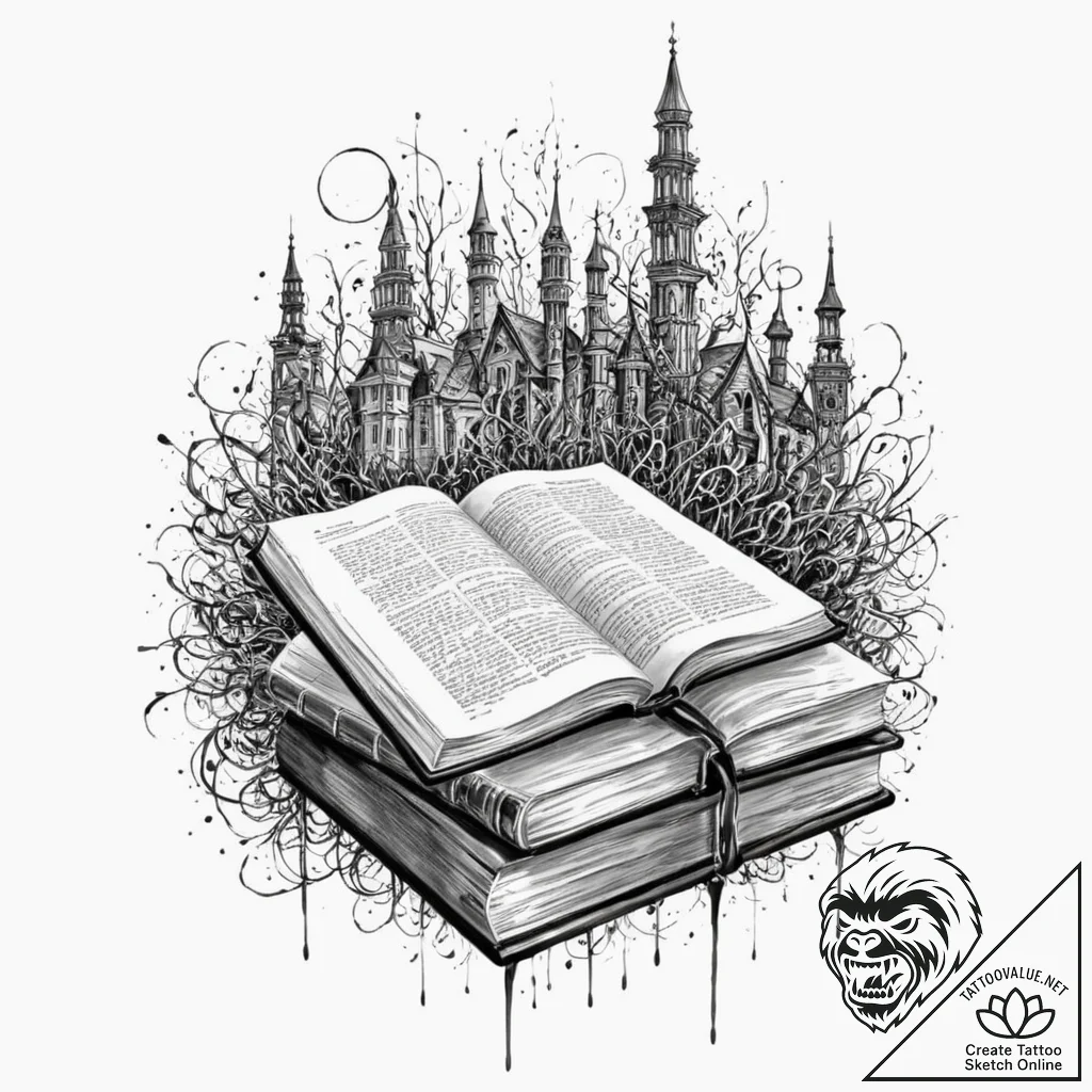 Tattoo sketch, hushed library, digital whispe... - tattoo sketch (№1752343349_0, 12.07.2025 18:02) — tattoovalue.net
