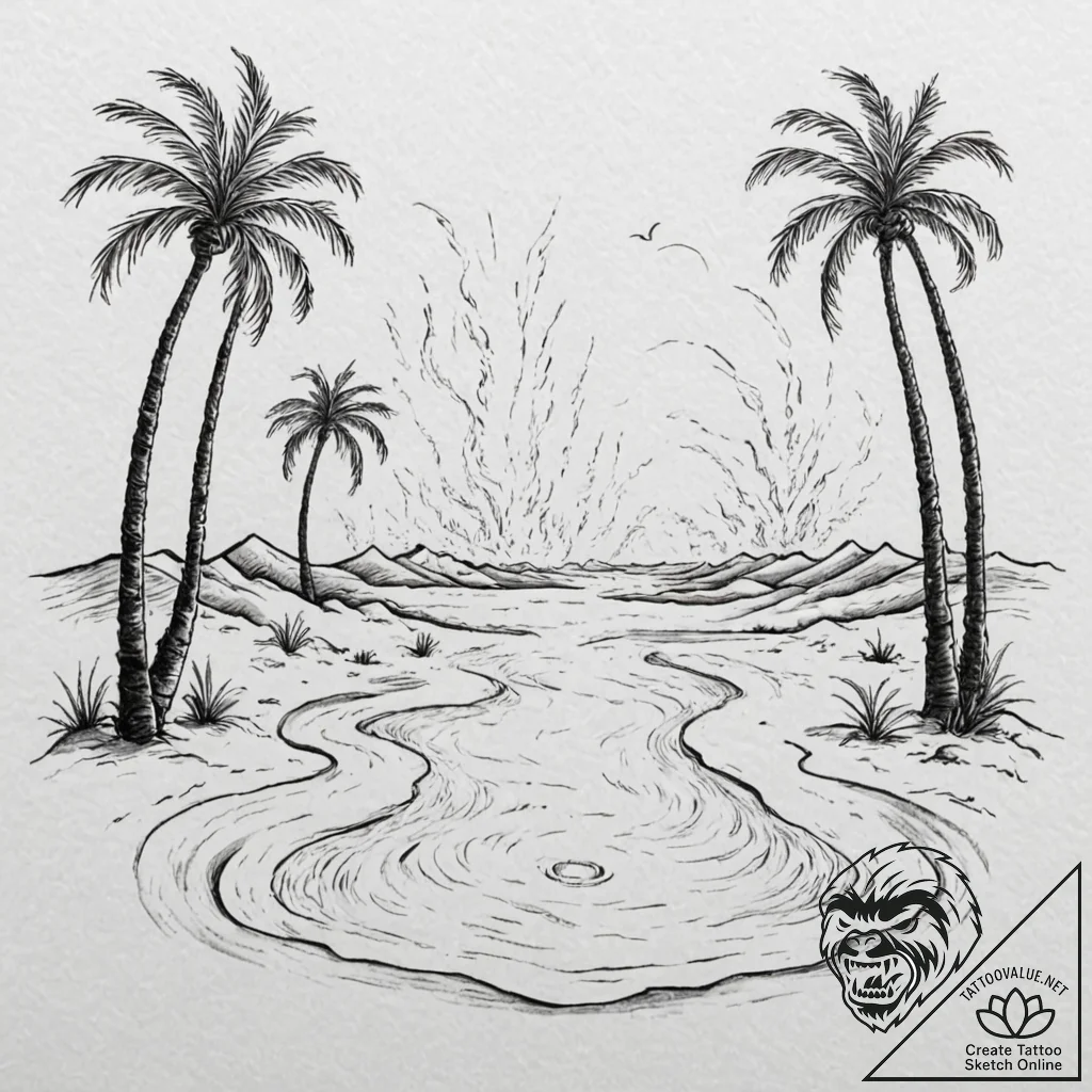 Tattoo sketch, kinetic sandstorm oasis, a des... - tattoo sketch (№1752346886_0, 12.07.2025 19:01) — tattoovalue.net