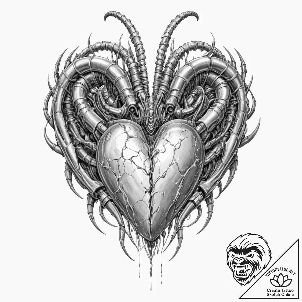 Tattoo sketch, xenomorphic heart, bio-digital... - tattoo sketch (№1752347053_0, 12.07.2025 19:04) — tattoovalue.net